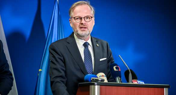 At a press conference, Prime Minister Petr Fiala summarized the conclusions of the negotiations in Brussels, 18 July 2023.